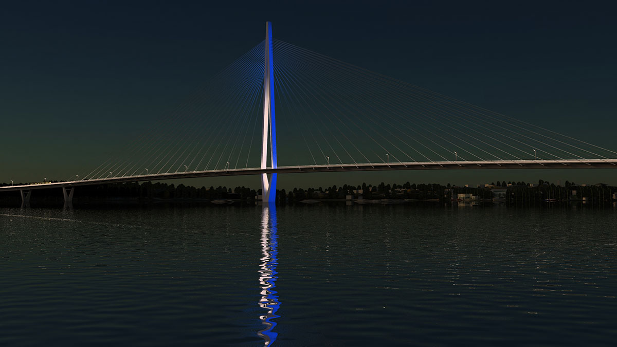 Havainnekuva, jossa sillan pyloni on valaistu valkealla ja sinisellä värillä.