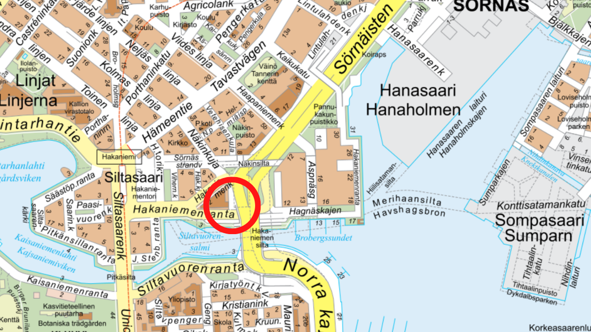 Karttakuva Hakaniemenrannan alueesta, jolla tehdään meluavia töitä.