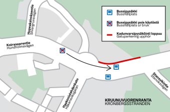 Bussipysäkin uusi sijainti ja kadunvarsipysäköinnin päättyminen kartalla