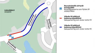 Kadunvarsipysäköinnin päättyminen ja bussipysäkkien siirtyminen kartalla