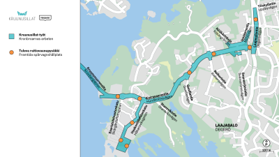 Kruunusillat-raitiotien työmaa-alueet ja pysäkit Laajasalossa.